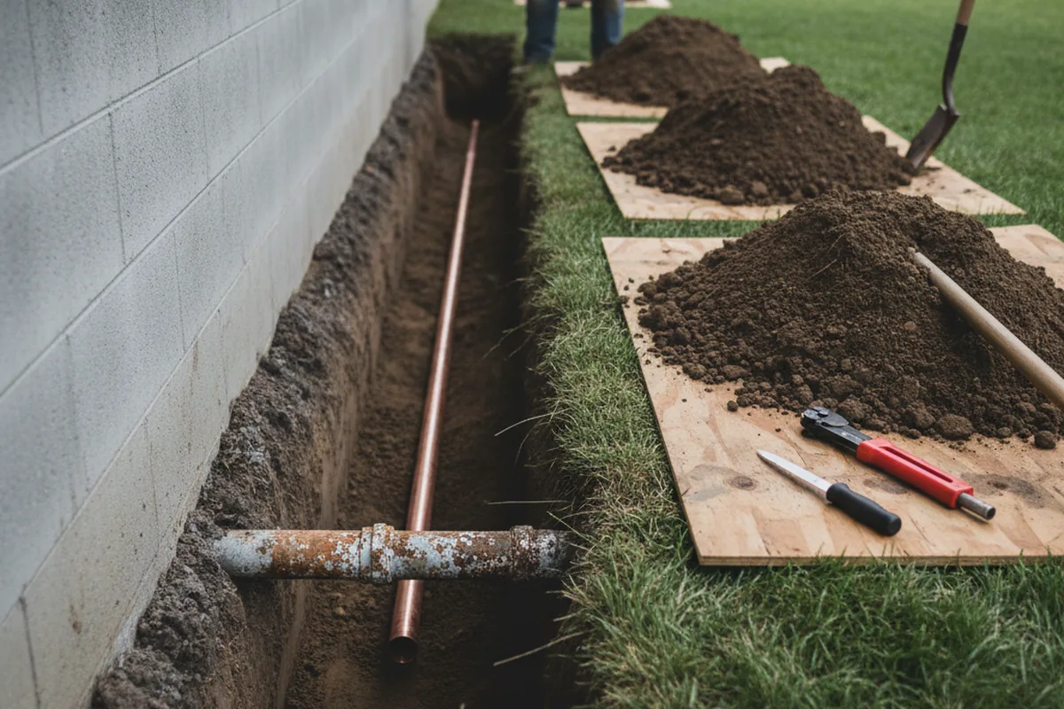 Excavated water line trench during Sewer Line Repair in Sacramento